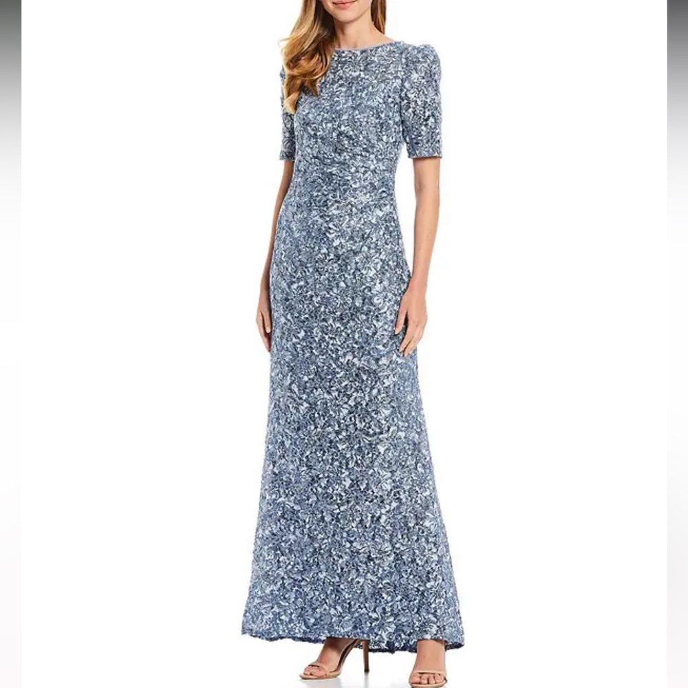 Xscape Floral Lace Sequin Short Sleeve Ruched Puff Shoulder Boat Neck Gown